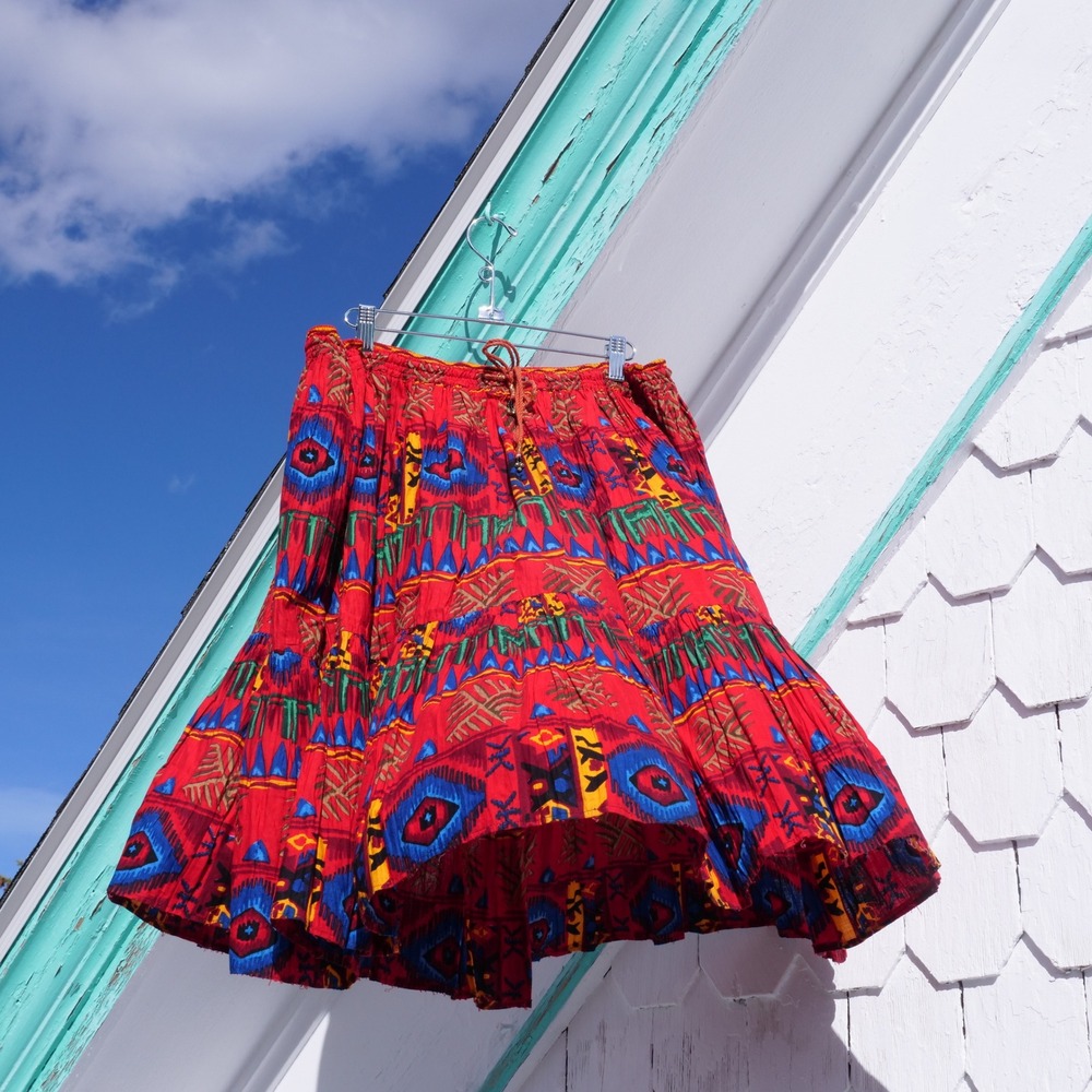 90s southwest‎ print crinkle pleated cotton western skirt - Picture 6 of 8